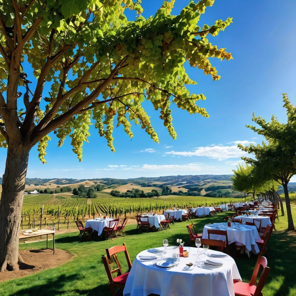 A picturesque vineyard landscape in Aubrey, adorned with vibrant grapevines under a bright blue sky, featuring a lively wine festival scene with people enjoying tastings at elegantly decorated booths, glasses clinking together, and colorful banners fluttering in the gentle breeze. Include rolling hills in the background and a table set with a variety of wine bottles and gourmet snacks. super-realistic. vibrant colors. panoramic view.