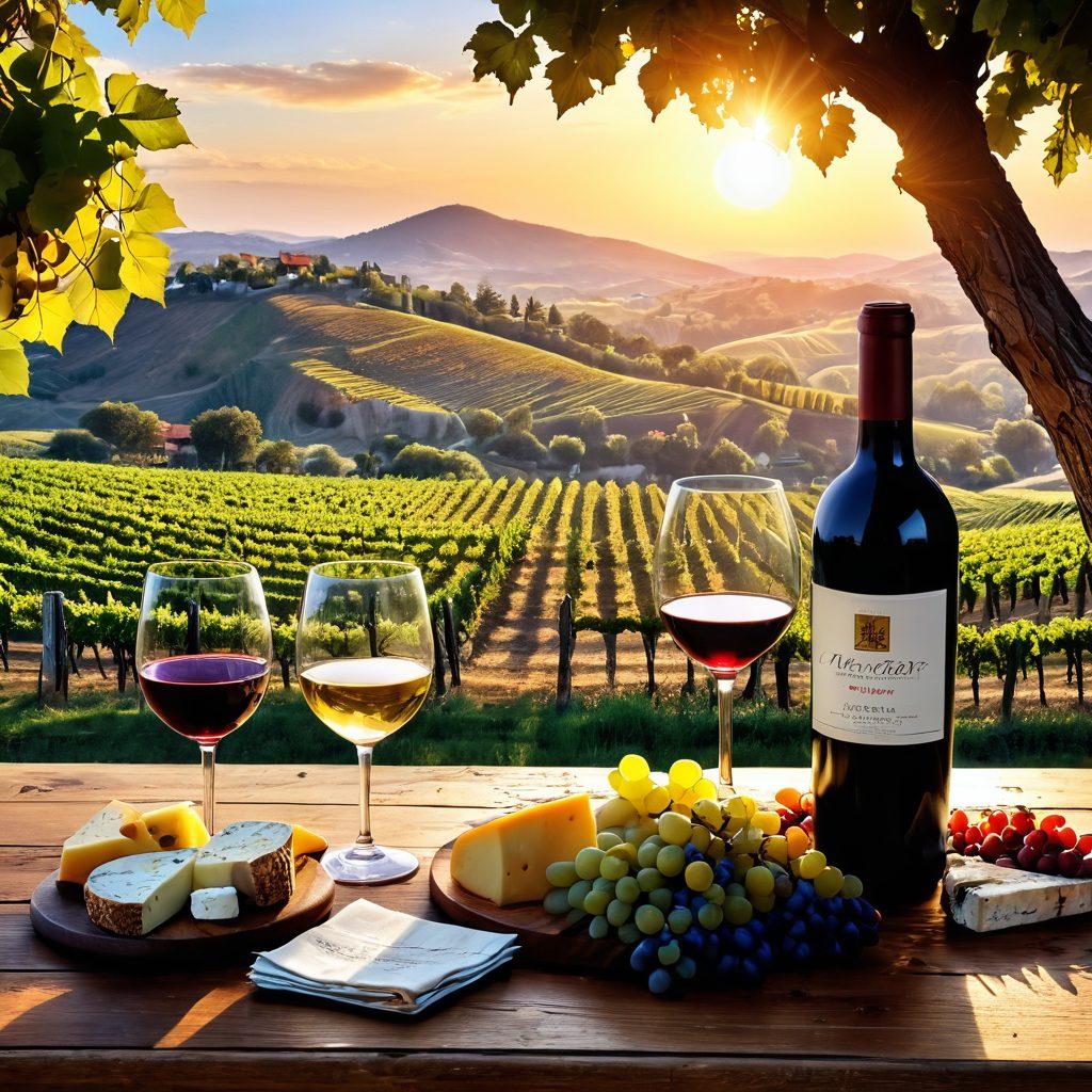 A picturesque vineyard landscape of Aubrey, lush grapevines stretching under a golden sunset, with wine glasses elegantly placed on a rustic wooden table. Include vibrant bottles of local wine, paired with artisanal cheeses, and a hint of a festive gathering in the background. Capture the essence of local wine culture and exploration. super-realistic. vibrant colors. 3D.