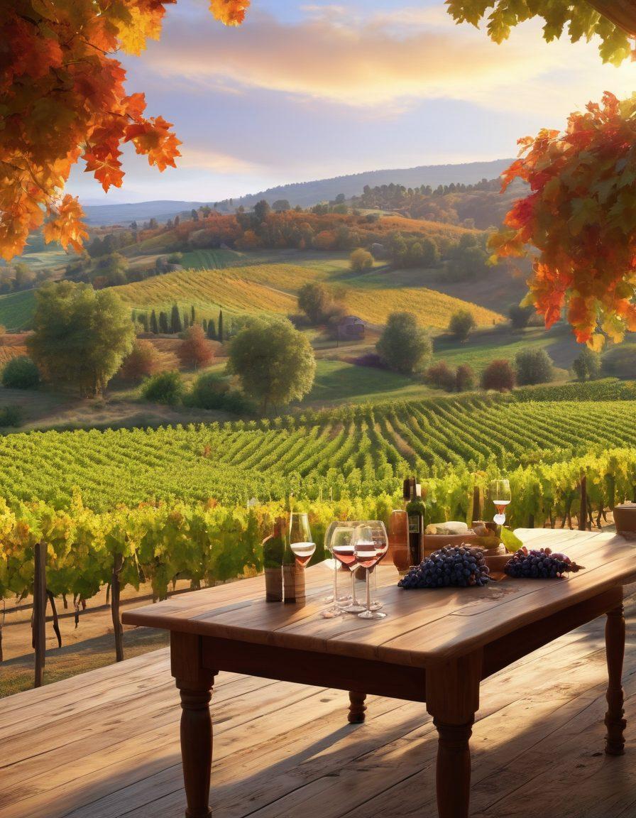 A picturesque vineyard landscape at sunset, showcasing lush grapevines filled with ripe grapes, a cozy rustic tasting room in the foreground with wine glasses elegantly arranged on a wooden table, a backdrop of rolling hills and vibrant autumn colors. The ambiance is warm and inviting, capturing the essence of a wine lover's paradise. super-realistic. vibrant colors. 3D.